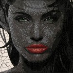 mosaic portrait of Angelina Jolie in black, white red and green