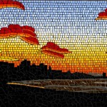 mosaic mural depicting brightly sunset in cane fire season