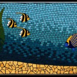 underwater scene in mosaic with fish, anemone, clownfish, crab, corals, seagrass and sand