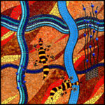 Geckos, waterways and red earth depicted in a ceramic mosaic mural